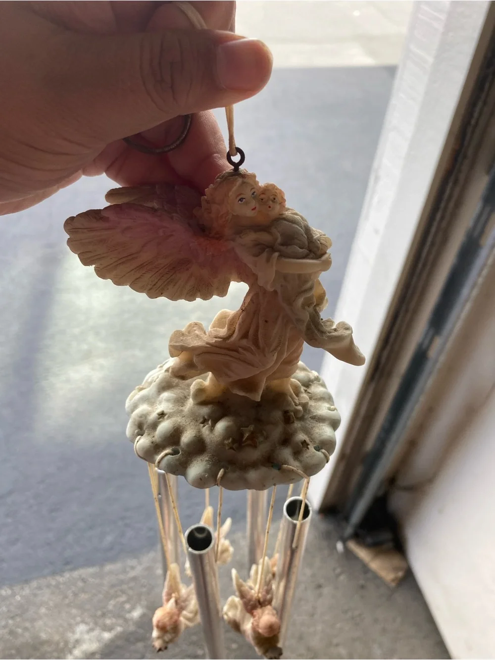 Vintage Resin Angel Holding Baby Wind Chime Cloud Stars Cherub Decor